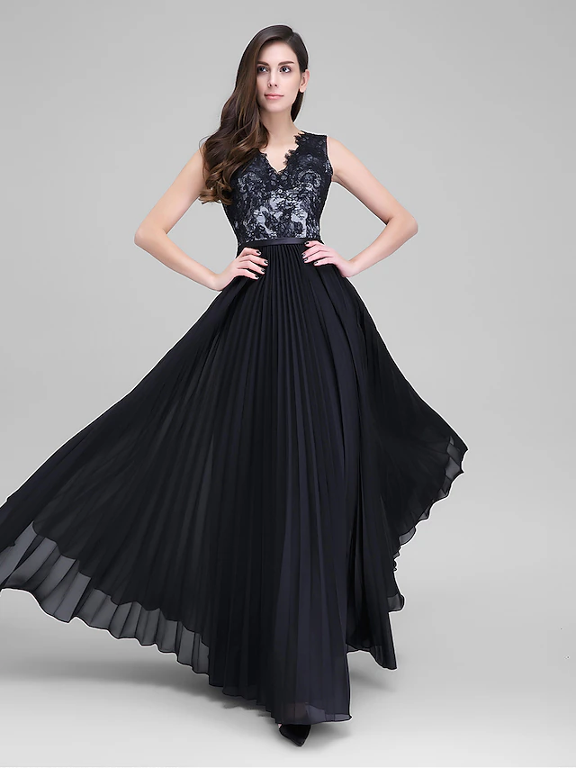 A-Line V Neck Floor Length Chiffon / Lace Bodice Prom / Formal Evening ...