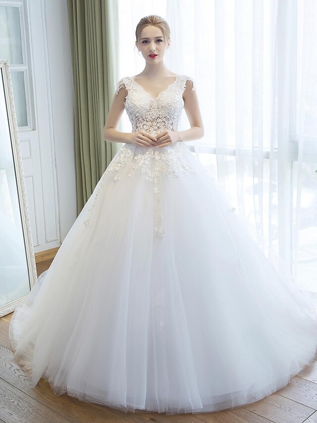  Ball Gown V-neck Cathedral Train Lace Tulle Wedding Dress with Embroidered by JUEXIU Bridal