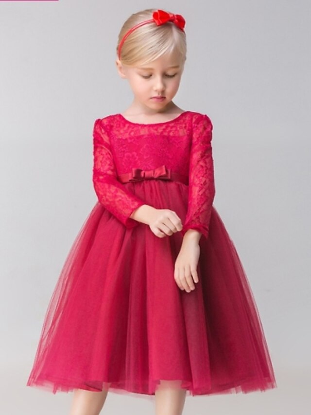  A-Line Tea Length Flower Girl Dress - Lace / Tulle Long Sleeve Jewel Neck with Bow(s) / Sash / Ribbon by LAN TING BRIDE®