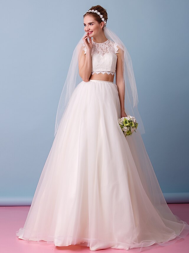  Two Piece A-Line Wedding Dresses Illusion Neck Court Train Lace Tulle Sleeveless with Lace 2022