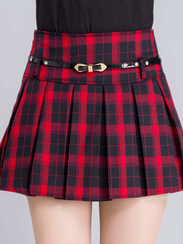  Women's Casual / Daily Simple Plus Size Cotton A Line Skirts - Plaid Layered / Ruffle Red Blue