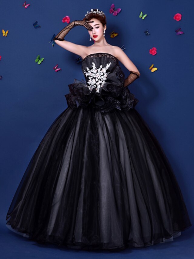  Ball Gown Little Black Dress Formal Evening Dress Strapless Sleeveless Floor Length Organza Satin with Appliques 2020