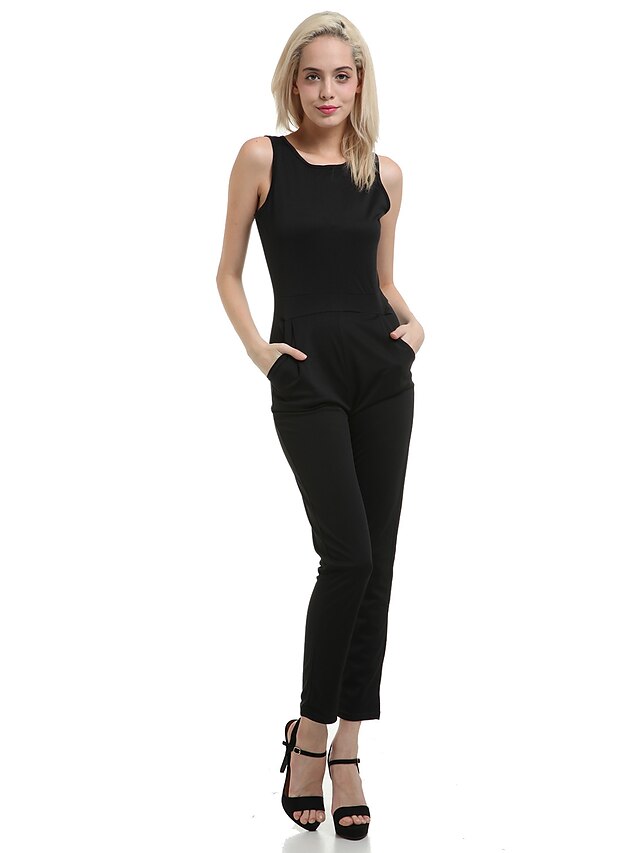  Femme Soirée Noir Combinaison-pantalon, Couleur Pleine Découpé M L XL Taille Haute Sans Manches Eté