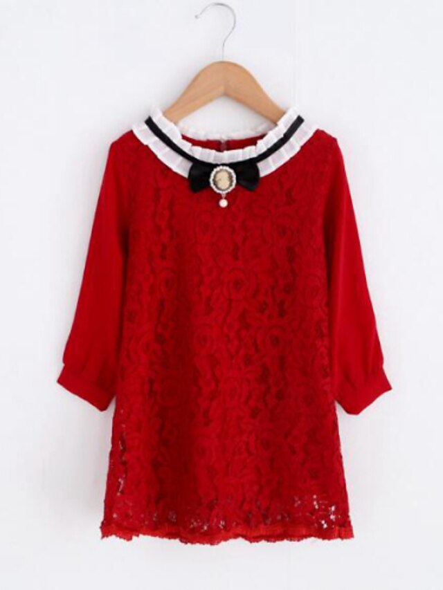  Girls' Lace Ruffle Bow Daily Patchwork 3/4 Length Sleeve Dress Red
