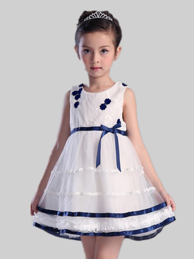  A-line Short / Mini Flower Girl Dress - Satin / Tulle / Polyester Sleeveless Jewel with