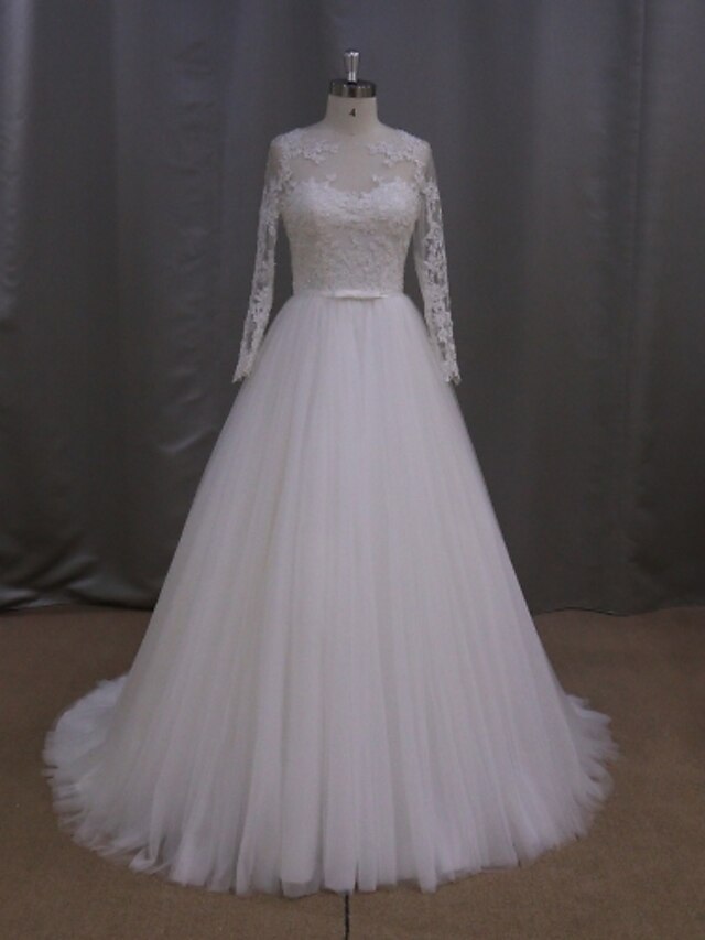  A-Line Wedding Dresses Scoop Neck Court Train Lace Tulle Long Sleeve See-Through with Pearl Sash / Ribbon Appliques 2021