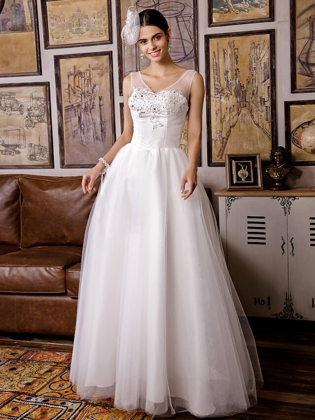  Linha A Decote Princesa Longo Tule Vestidos de noiva personalizados com Miçangas Apliques de LAN TING BRIDE®