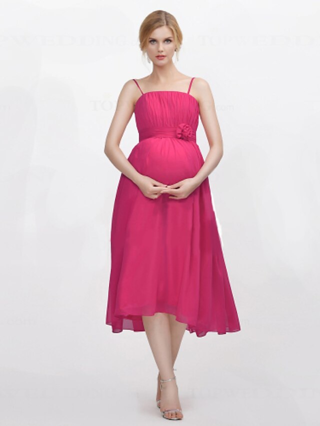  A-Line Spaghetti Strap Tea Length Chiffon Bridesmaid Dress with Draping / Flower by / Open Back
