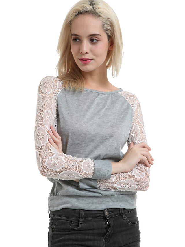  Women's Sexy/Beach/Casual/Lace Carving Long Sleeve T-shirt