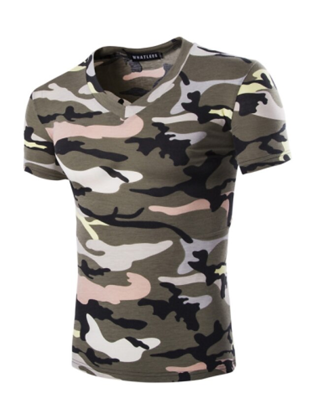  Homme camouflage Tee-shirt - Coton Quotidien Sports Col en V Violet / Rouge / Vert Véronèse / Vert / Bleu / Eté / Manches Courtes