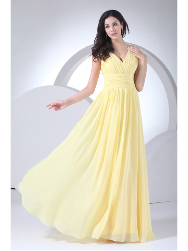  عامودي رقبة V طول الأرض شيفون فستان الاشبينة مع ثنيات جانبية بواسطة LAN TING BRIDE®