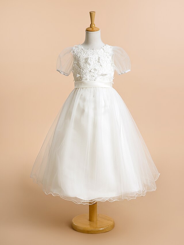  A-Line Tea Length Wedding / First Communion Lace / Tulle Short Sleeve Scoop Neck with Lace / Flower