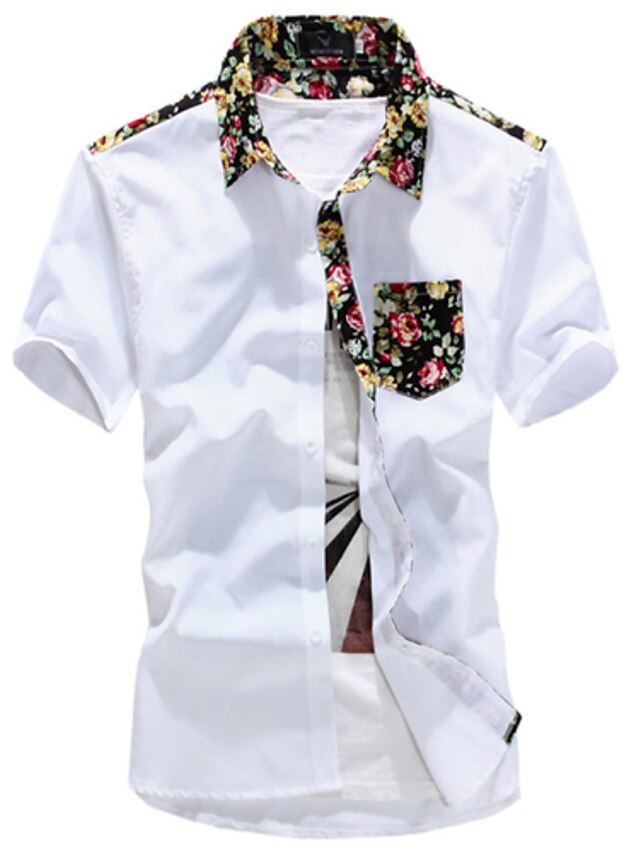  Men's Floral Print Shirt - Cotton Sports Casual / Daily White / Black / Yellow / Red / Blue / Color Block / Short Sleeve