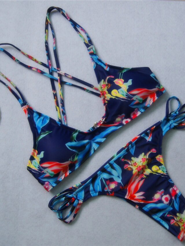  Dames Bloemen Bikini Zwempak Bandeau Zwemkleding Badpakken Blauw