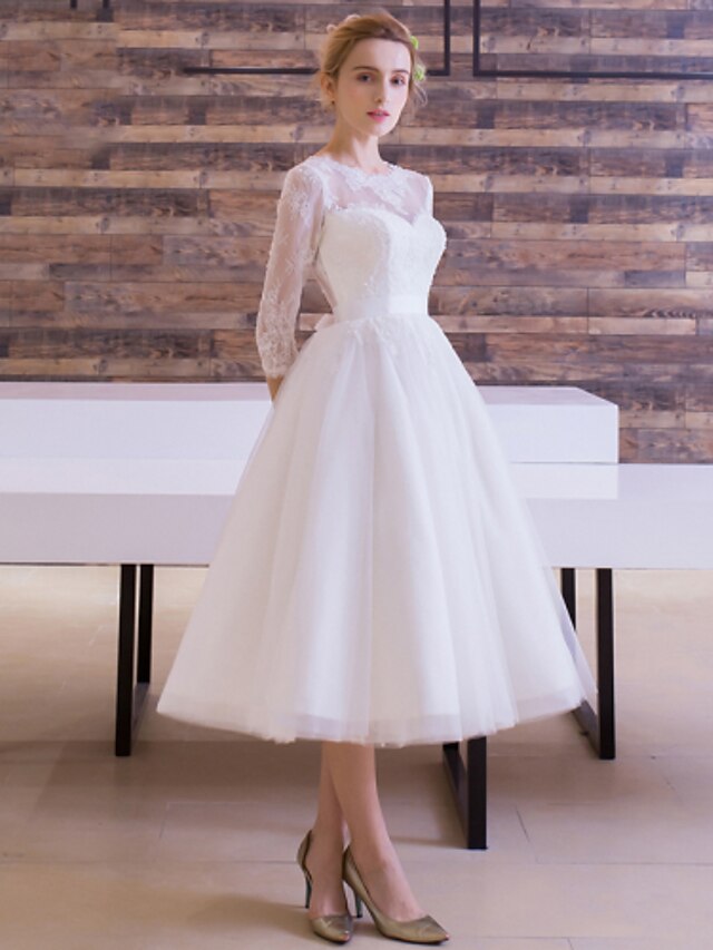  A-Line Wedding Dresses Jewel Neck Tea Length Lace Over Tulle 3/4 Length Sleeve Simple Casual Vintage Backless Cute Illusion Sleeve with Sash / Ribbon 2022