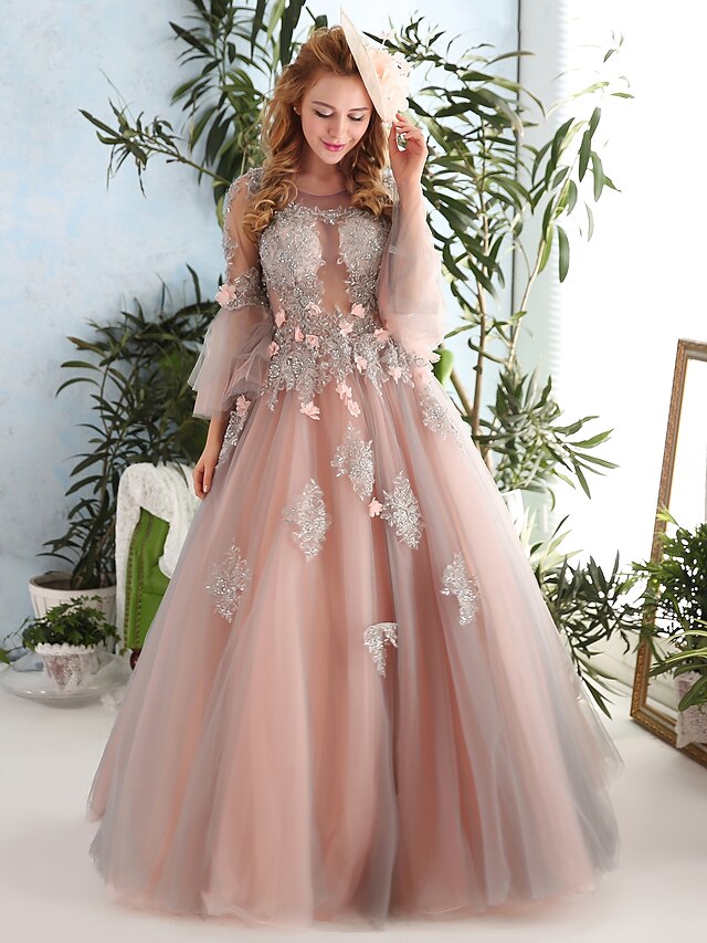  Ball Gown Floral Luxurious Formal Evening Dress Jewel Neck Long Sleeve Floor Length Lace Tulle with Lace Beading Pattern / Print 2020
