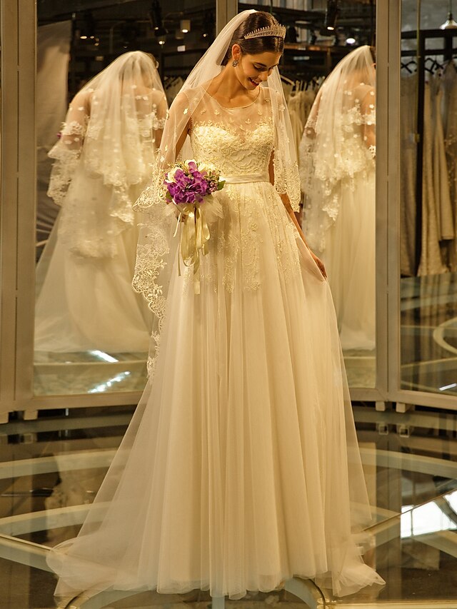 Φορεματα για γαμο Ουρά Γραμμή Α Αμάνικο Λαιμός ψευδαίσθησης Δαντέλα Με Χάντρες Διακοσμητικά Επιράμματα 2023 Νυφικά φορέματα