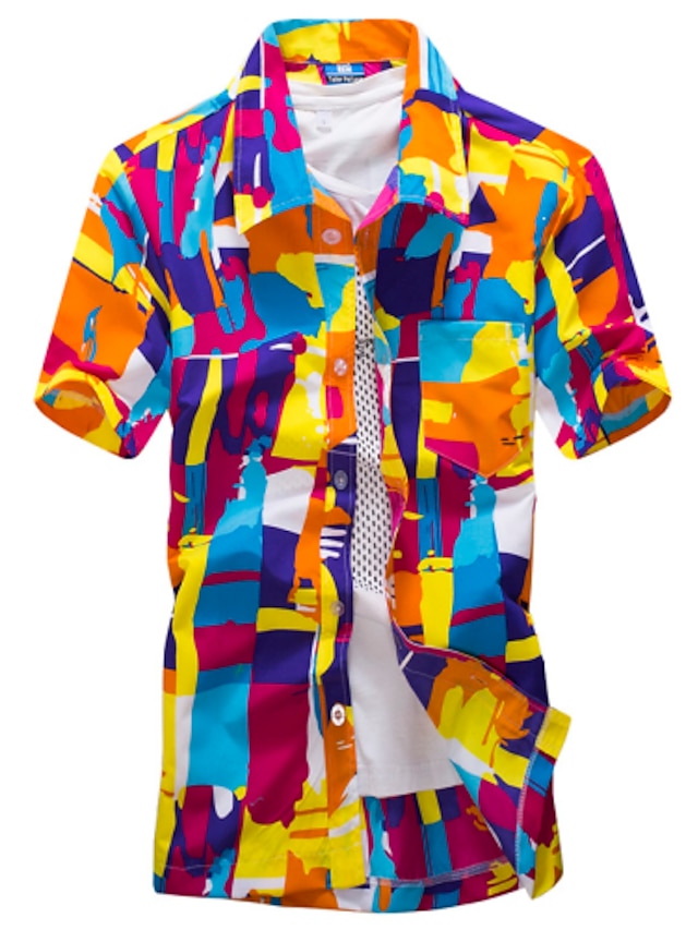  Men's Shirt Geometric Classic Collar Daily Beach Flower Print Short Sleeve Slim Tops Boho Green Orange / Summer / Summer