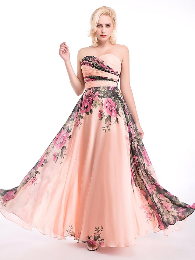  A-Line Pattern Dress Prom Formal Evening Dress Sweetheart Neckline Sleeveless Floor Length Chiffon with Sash / Ribbon Draping Side Draping 2020