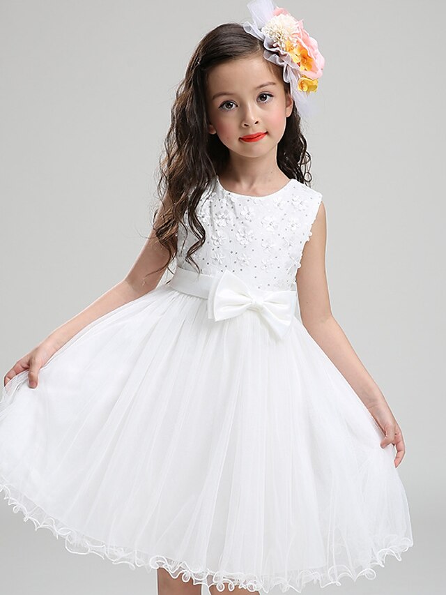  A-line Knee-length Flower Girl Dress - Cotton / Satin / Tulle Sleeveless Jewel with