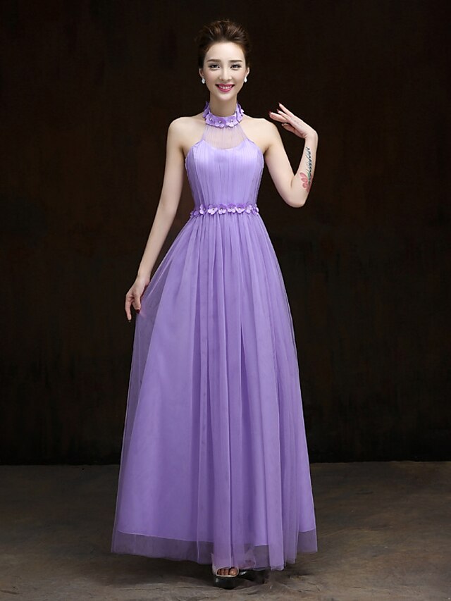  A-Line Halter Neck Ankle Length Satin / Tulle Bridesmaid Dress with Flower by / Open Back