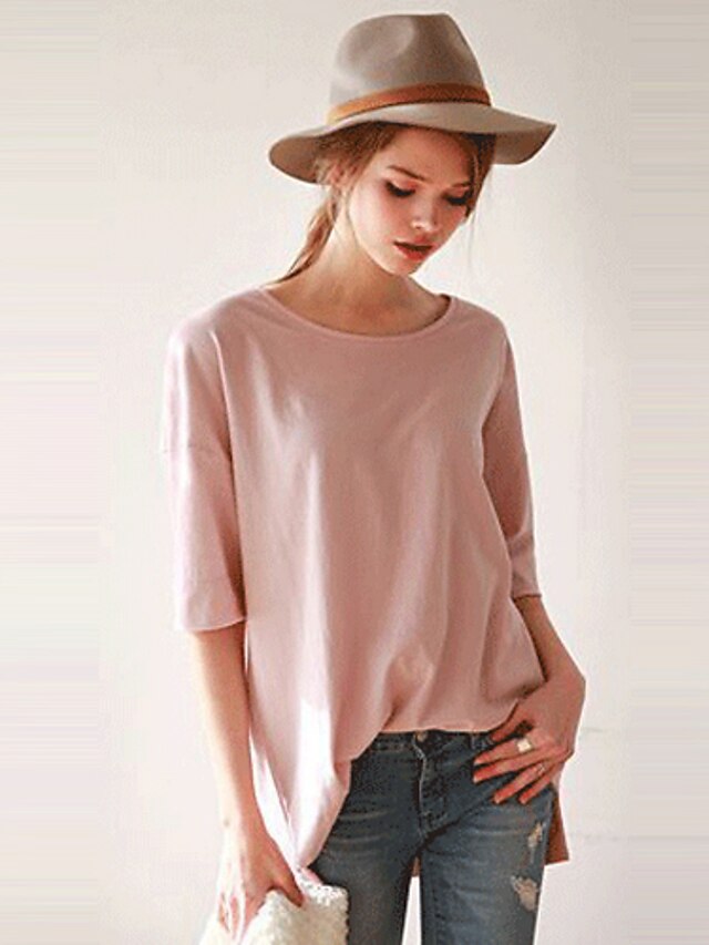 Women's Solid Pink / White T-shirt,Round Neck Short Sleeve