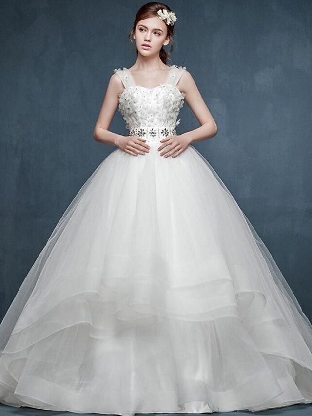  Ball Gown Wedding Dresses Straps Court Train Tulle Sleeveless with Flower 2020