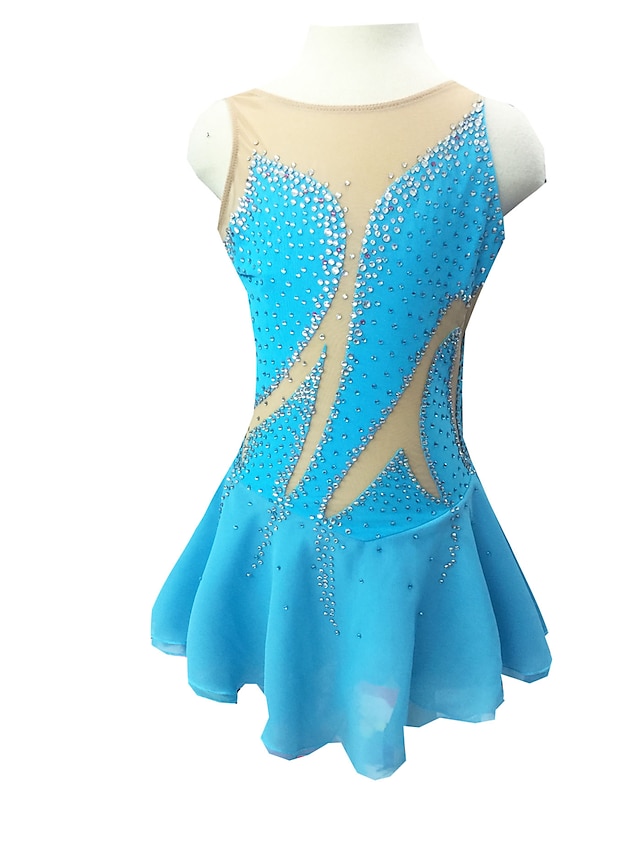  Figure Skating Dress Women's Girls' Ice Skating Dress Outfits Light Blue Outdoor clothing Competition Skating Wear Handmade Classic Sleeveless Ice Skating Figure Skating / Rhinestone