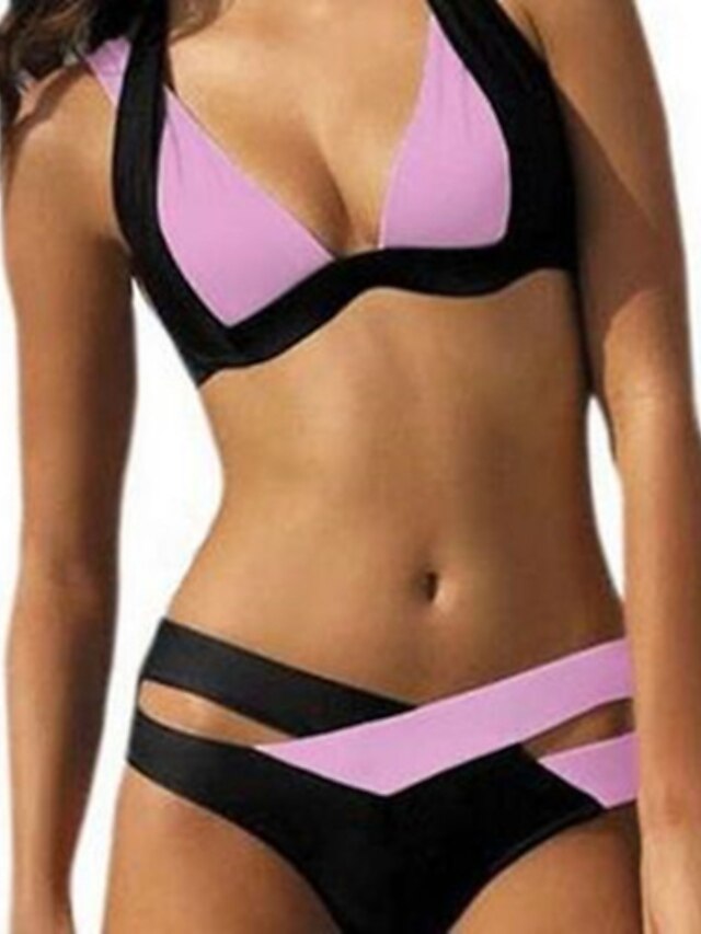  Women's Sporty Look White / Black Purple Pink Cheeky Bikini Tankini Swimwear Swimsuit - Color Block Fashion Criss Cross S M L White / Black / Breathable / Quick Dry / Stretchy