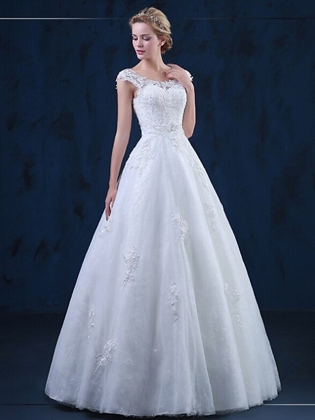  A-Line Scoop Neck Floor Length Tulle Made-To-Measure Wedding Dresses with Appliques by LAN TING BRIDE®