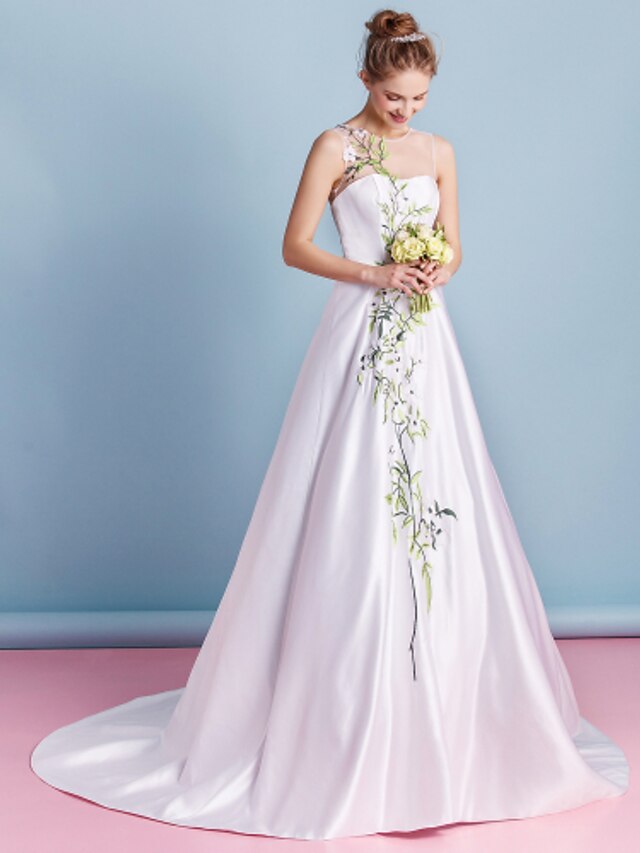  A-Line Wedding Dresses Jewel Neck Chapel Train Satin Sleeveless with Appliques 2020