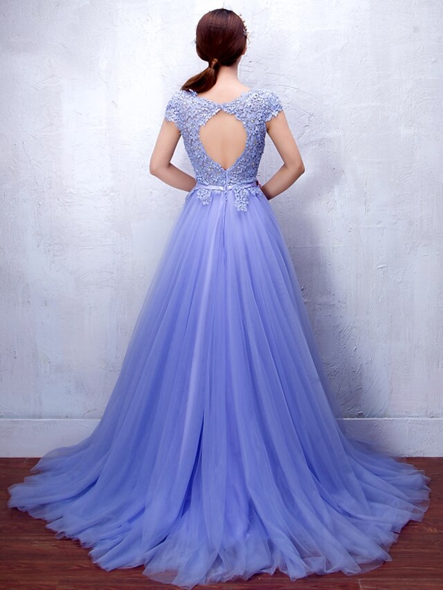 A-Line Formal Evening Dress Scoop Neck Sweep / Brush Train Lace Tulle with Lace Sash / Ribbon Beading 2020