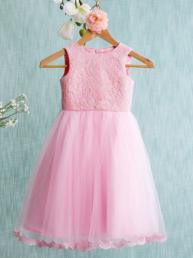  Ball Gown Knee Length Flower Girl Dress - Lace Tulle Sleeveless Jewel Neck with Bow(s) by LAN TING BRIDE®