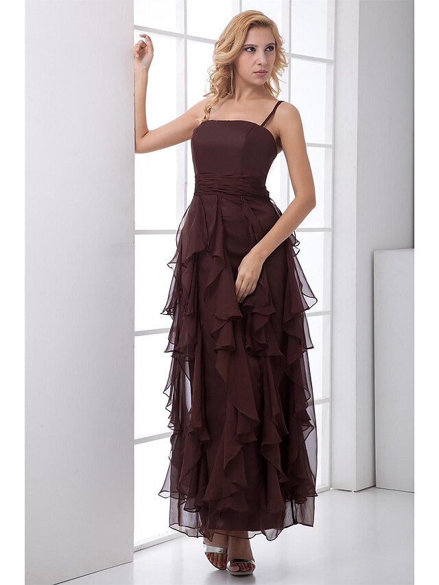  Vestido de noite formal linha A aberto nas costas com alças finas sem mangas chiffon na altura do tornozelo com babados