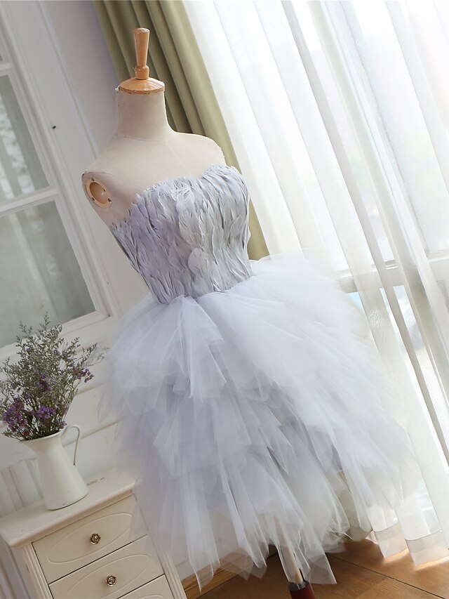  Ball Gown Lace Up Cocktail Party Prom Dress Sweetheart Neckline Sleeveless Knee Length Tulle with Feathers / Fur 2020