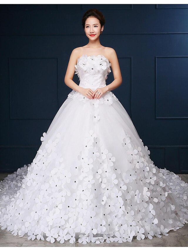  Ball Gown Strapless Cathedral Train Tulle Wedding Dress with Beading Flower by Embroidered Bridal