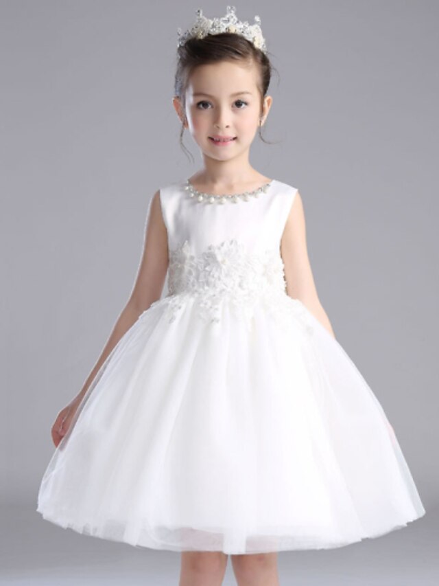  A-line Knee-length Flower Girl Dress - Cotton Satin Tulle Jewel with