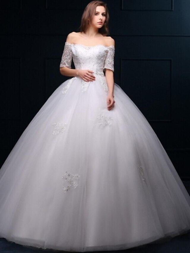  Ball Gown Wedding Dresses Off Shoulder Floor Length Lace Tulle Short Sleeve with Lace Beading Appliques 2020