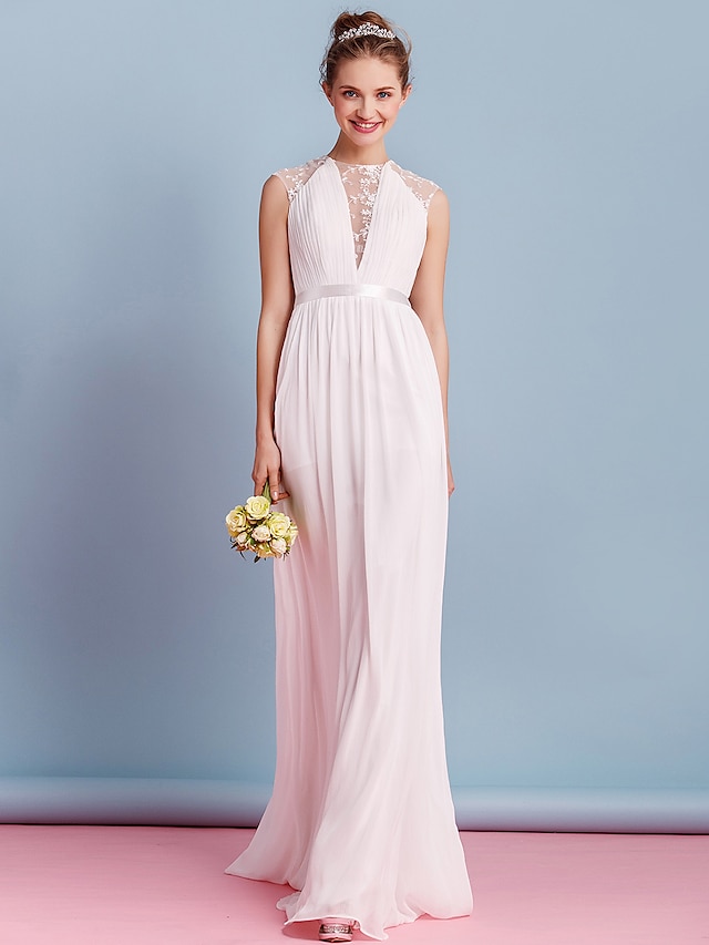  Sheath / Column Jewel Neck Sweep / Brush Train Chiffon Made-To-Measure Wedding Dresses with Bowknot / Draping / Lace by LAN TING BRIDE® / See-Through