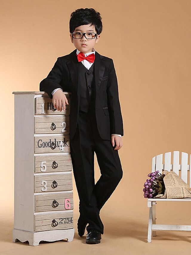  Black Cotton Ring Bearer Suit - Six-piece Suit Includes  Jacket / Waist cummerbund / Vest