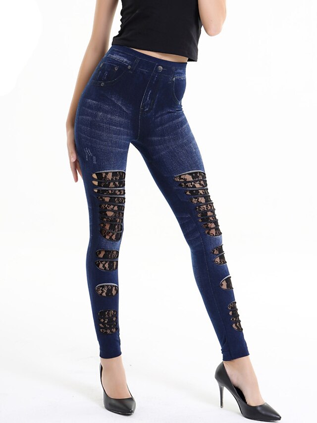  Women's Solid Color Stitching Lace Legging Blue One-Size
