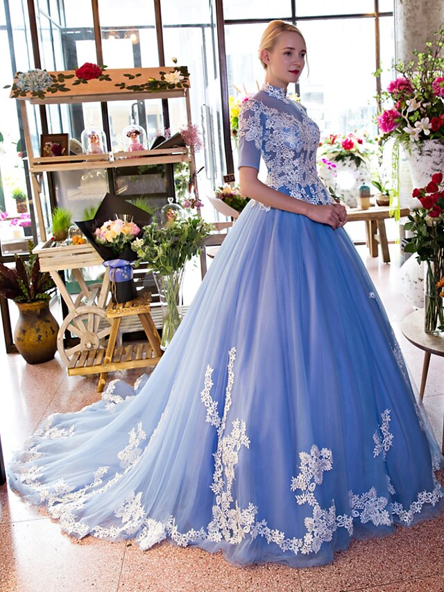  Ball Gown Vintage Inspired Formal Evening Dress Illusion Neck Short Sleeve Chapel Train Lace Tulle with Lace Appliques Flower 2020