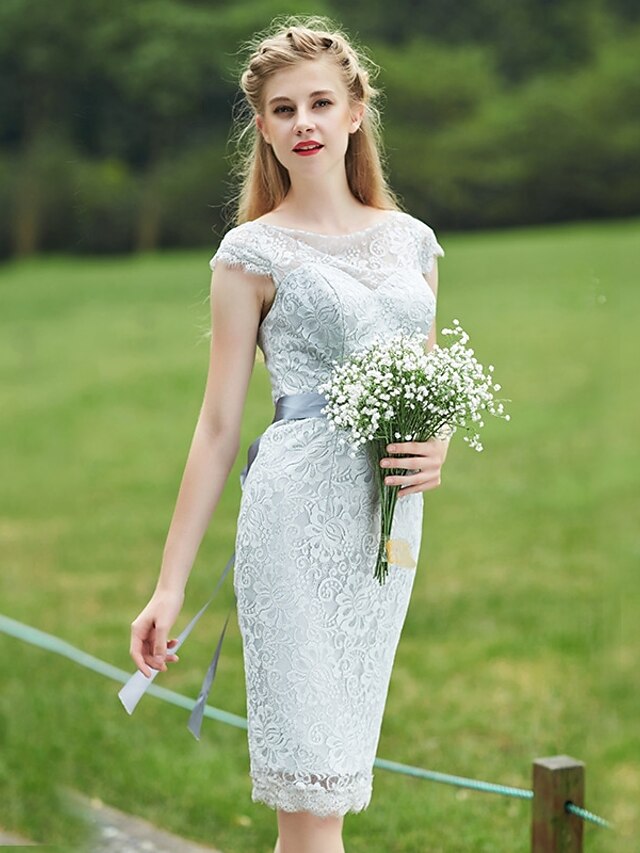  Sheath / Column Bateau Neck Knee Length Lace Bridesmaid Dress with Sash / Ribbon by