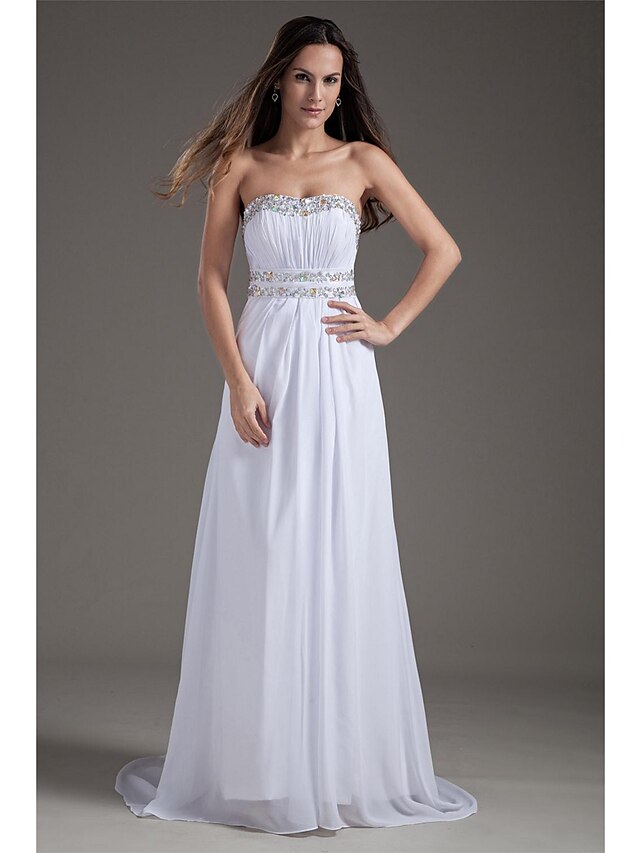  Sheath / Column Strapless Sweep / Brush Train Chiffon Made-To-Measure Wedding Dresses with Beading / Draping by / Sparkle & Shine