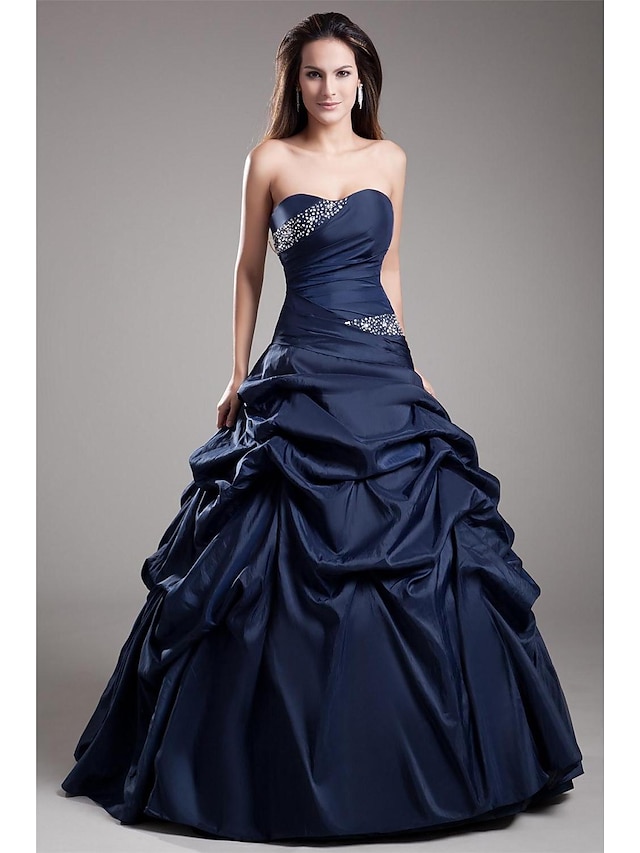  Ball Gown Elegant Dress Quinceanera Floor Length Sleeveless Strapless Taffeta with Crystals Tier 2022
