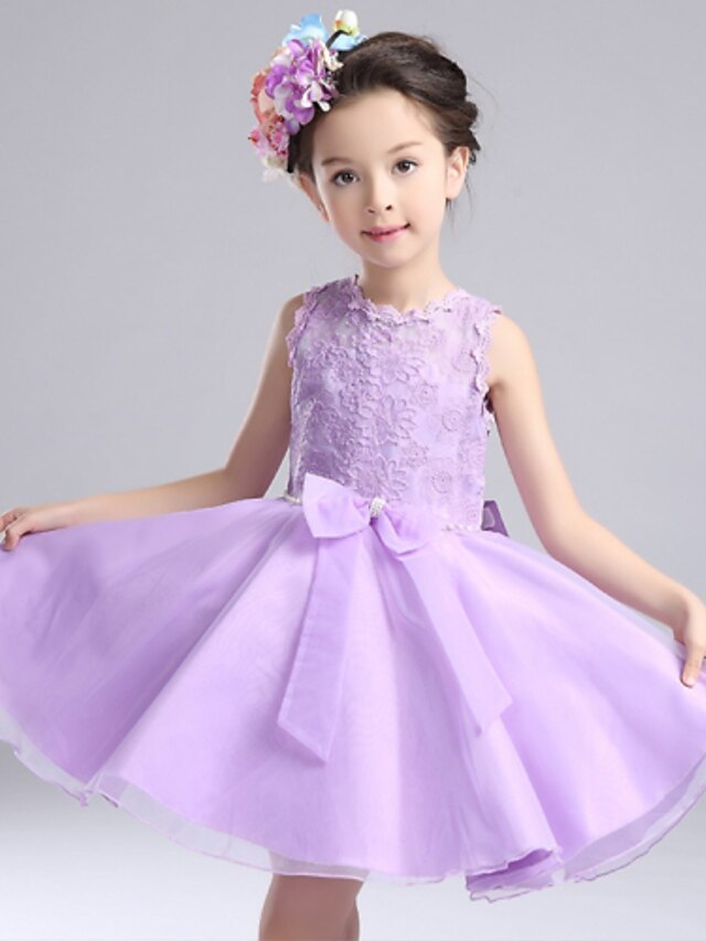  A-line Knee-length Flower Girl Dress - Lace Satin Tulle Jewel with Bow(s) Sash / Ribbon