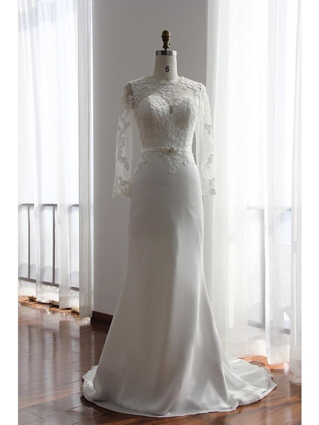  Mermaid / Trumpet Wedding Dresses Jewel Neck Court Train Chiffon Lace 3/4 Length Sleeve See-Through with Lace Sash / Ribbon Appliques 2021