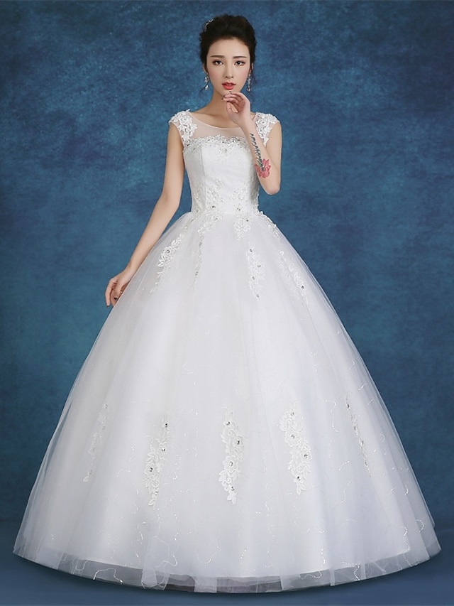  Ball Gown Wedding Dresses Scoop Neck Floor Length Satin Tulle Cap Sleeve Romantic See-Through Backless with Lace 2022