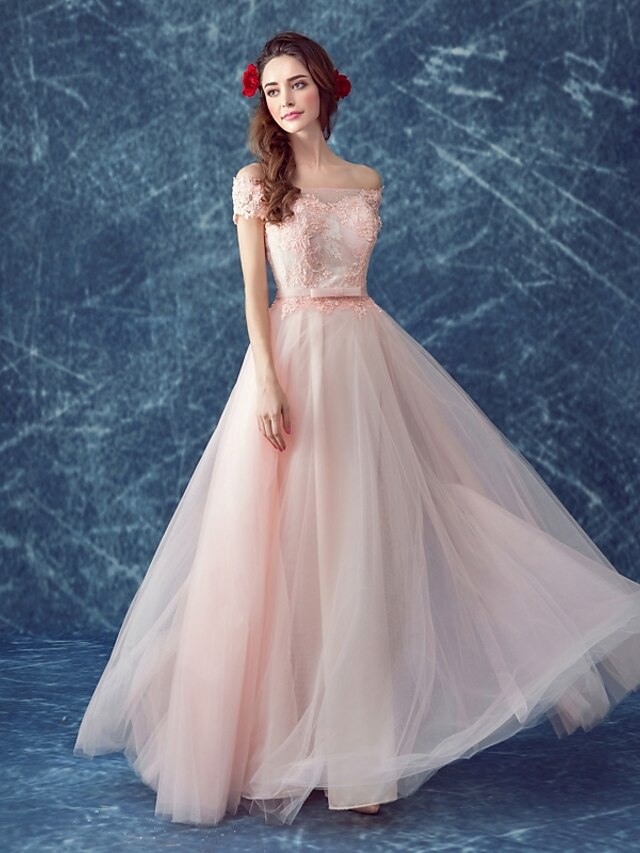  A-Line Formal Evening Dress Off Shoulder Floor Length Tulle with Lace Beading 2020
