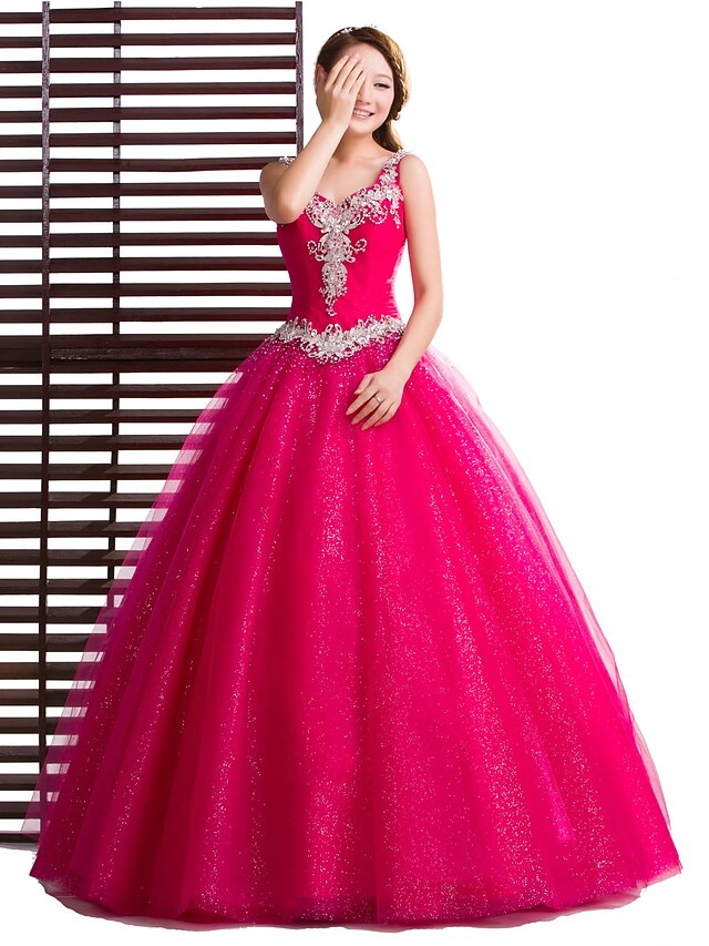  Ball Gown Dress Formal Evening Floor Length V Neck Tulle with Crystals 2024